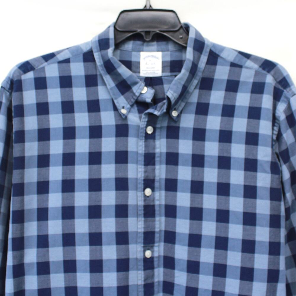 Brook Brothers Blue Plaid 100% Cotton Men's Polo Shirt Casual Button-Up XL